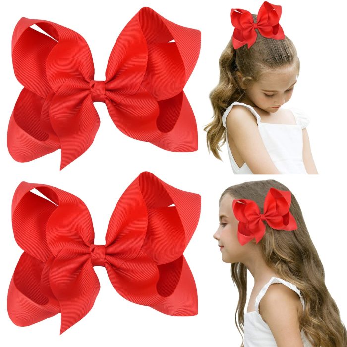 71xt3HYSLVL DEEKA 2 PCS 6" Big Hand-made Grosgrain Ribbon Solid Color Hair Bows Alligator Clips Hair Accessories for Little Teen Toddler Girls Kids Set of 2 -Red - Image 1