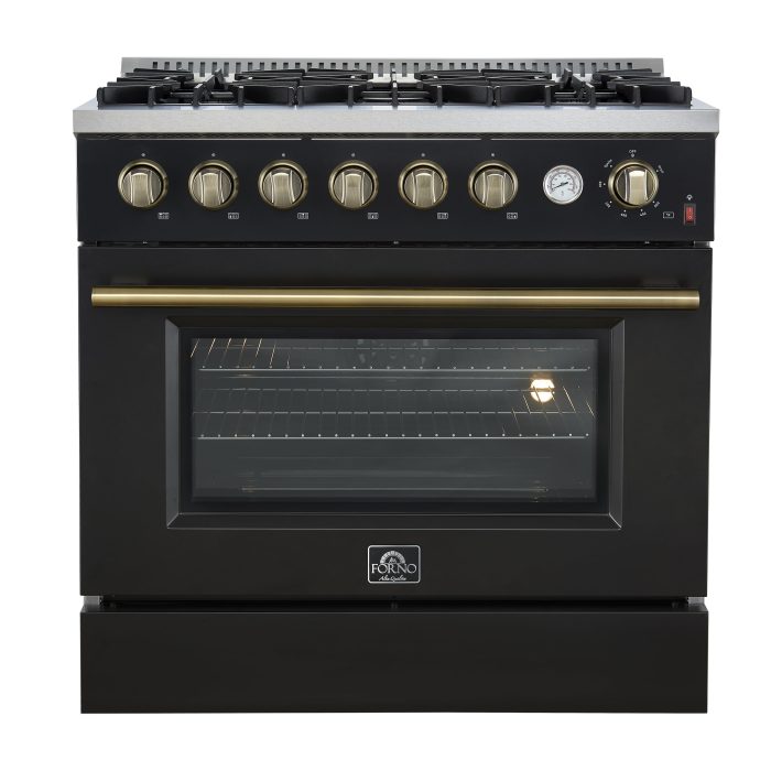 Forno Marco 36 Inch Gas Range with Antique Brass Accents, 6 Sealed Burners 67,000 BTU, Large 5.36 cu.ft. Convection Oven with Temperature Gauge, Professional Freestanding Kitchen Stove - Black - Image 1