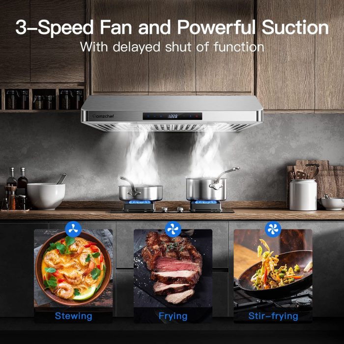 AMZCHEF Under Cabinet Range Hood 30 Inch, 750CFM Stainless Steel Kitchen Stove Vent Hood 3 Speed Exhaust Fan Touch/Remote/Gesture Control LED lights Time Setting Dishwasher-Safe Baffle Filters - Image 8