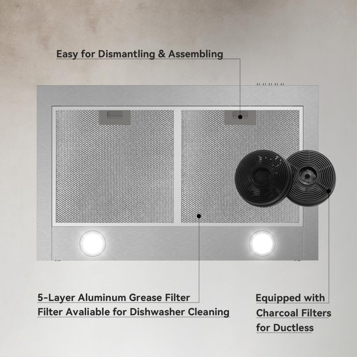 Hermitlux Range Hood 30 inch Stainless Steel, Wall Mount Vent Hood for Kitchen with Charcoal Filter, Ducted/Ductless Convertible - Image 4