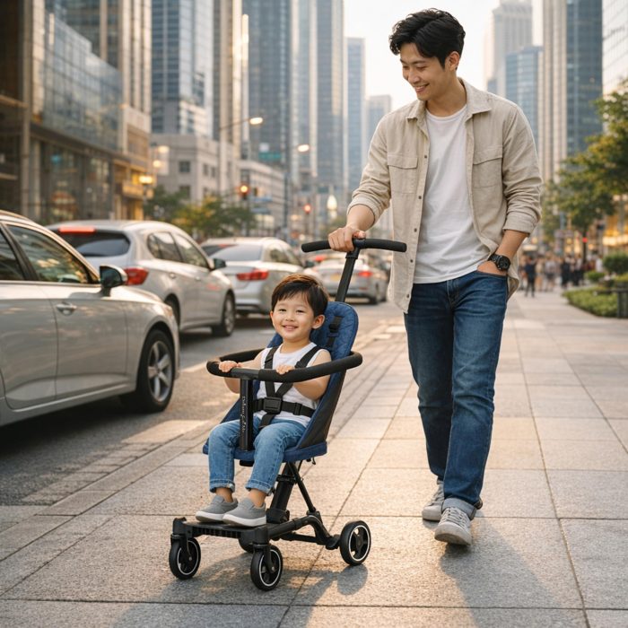 Dream On Me Coast Rider Travel Stroller, Lightweight & Compact Baby Stroller, Theme Park Approved, Book-Folding Design, Adjustable Handle, Soft-Ride Wheels, Converts to Rider & Scooter - Navy - Image 3