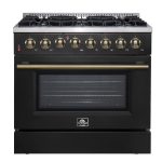 Forno Galiano 36-Inch Dual Fuel Range in Black – 6 Sealed Burners 83,000 BTU, 5.36 cu.ft. True Convection Oven – Elegant Brass Handles & Knobs, Electric Oven, Gas Cooktop – FFSGS6156-36BLK