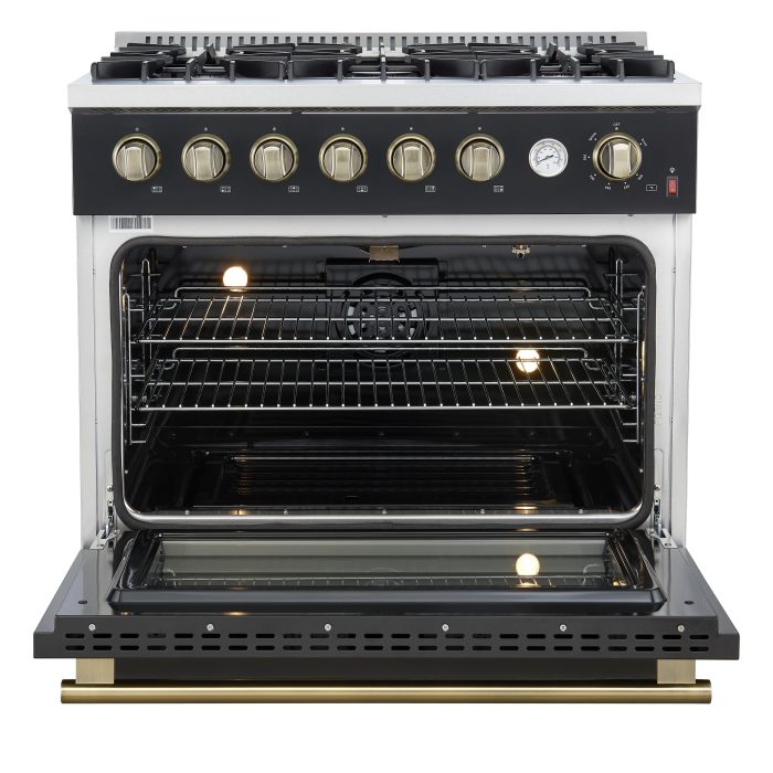 Forno Marco 36 Inch Gas Range with Antique Brass Accents, 6 Sealed Burners 67,000 BTU, Large 5.36 cu.ft. Convection Oven with Temperature Gauge, Professional Freestanding Kitchen Stove - Black - Image 9