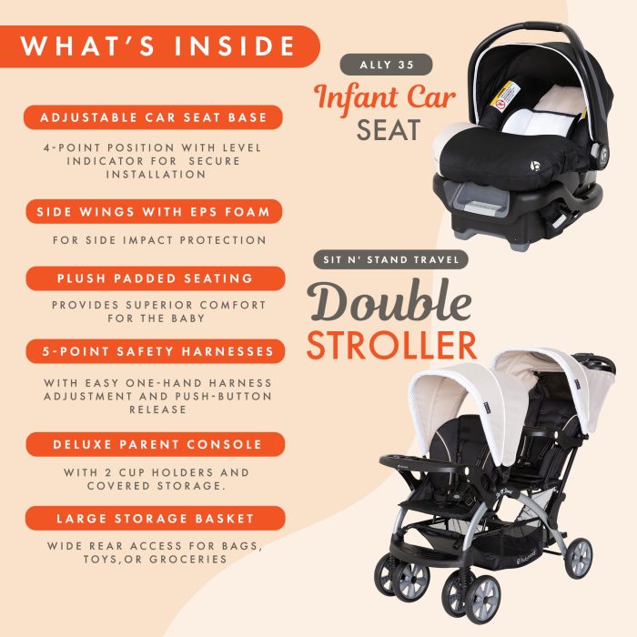 Baby Trend Infant and Toddler Double Stroller & Car Seat Combo, 2 Pc Set, Khaki - Portable and Lightweight Stroller Duo and Car Seat Travel System Tandem - Image 7