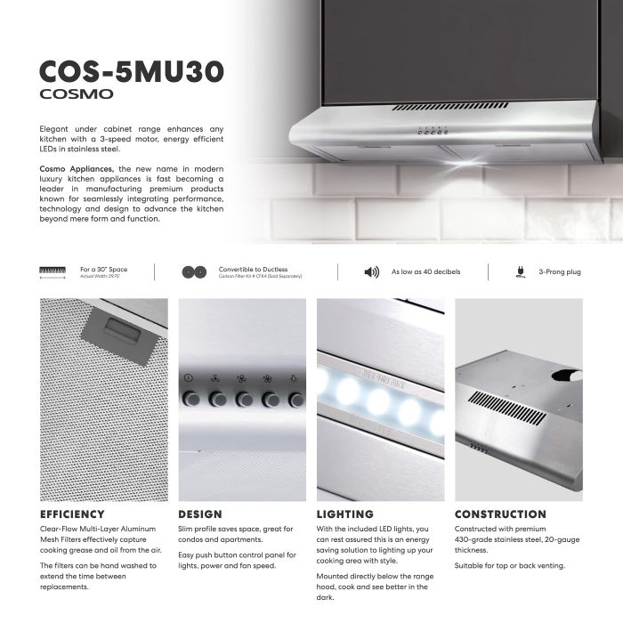 COSMO COS-5MU30 30 in. Delta Collection Ducted Under Cabinet Range Hood, Button Controls, Reusable Filters, LED Lights, Stainless Steel - Image 10