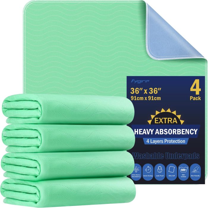 FYGRIP 4 Pack 36” x 36” Extra Heavy Absorbency Washable Underpads, Waterproof Quick Drying Nursing Incontinence Reusable Washable Bed Pee Pads for Dogs, Diaper Changing & Adults, Green - Image 1