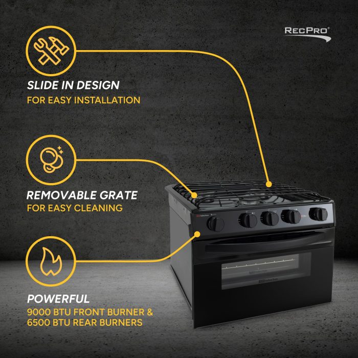 RecPro Suburban RV 17" Black 3 Burner Propane Range with Gas Oven | 9000 BTU Front Burner | Dual 6500 BTU Rear Burners | Piezo Ignition | Compact Built-In Range for RVs and Campers - Image 7